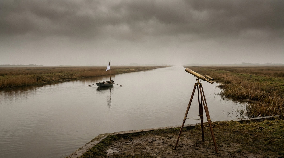 Victorian-era brass telescope on a tripod at the bank of a perfectly straight fenland drainage canal stretching to the horizon under overcast English skies