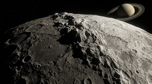 A photoreal view of Saturn's moon Iapetus showing its stark two-tone surface and the immense ridge running along the equator