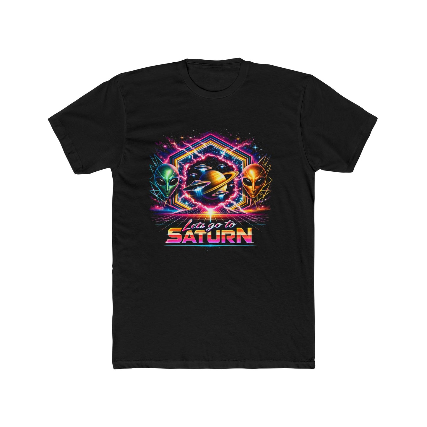 Lets Go to Saturn Retro Space T-Shirt — Neon Saturn Graphic Tee